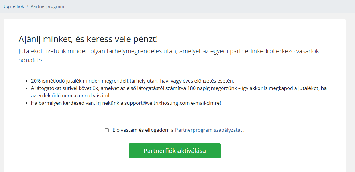 Partnerprogram bekapcsolása